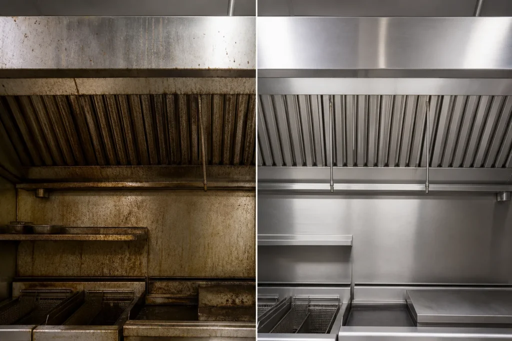 Hotte de cuisine professionnelle avant et après dégraissage