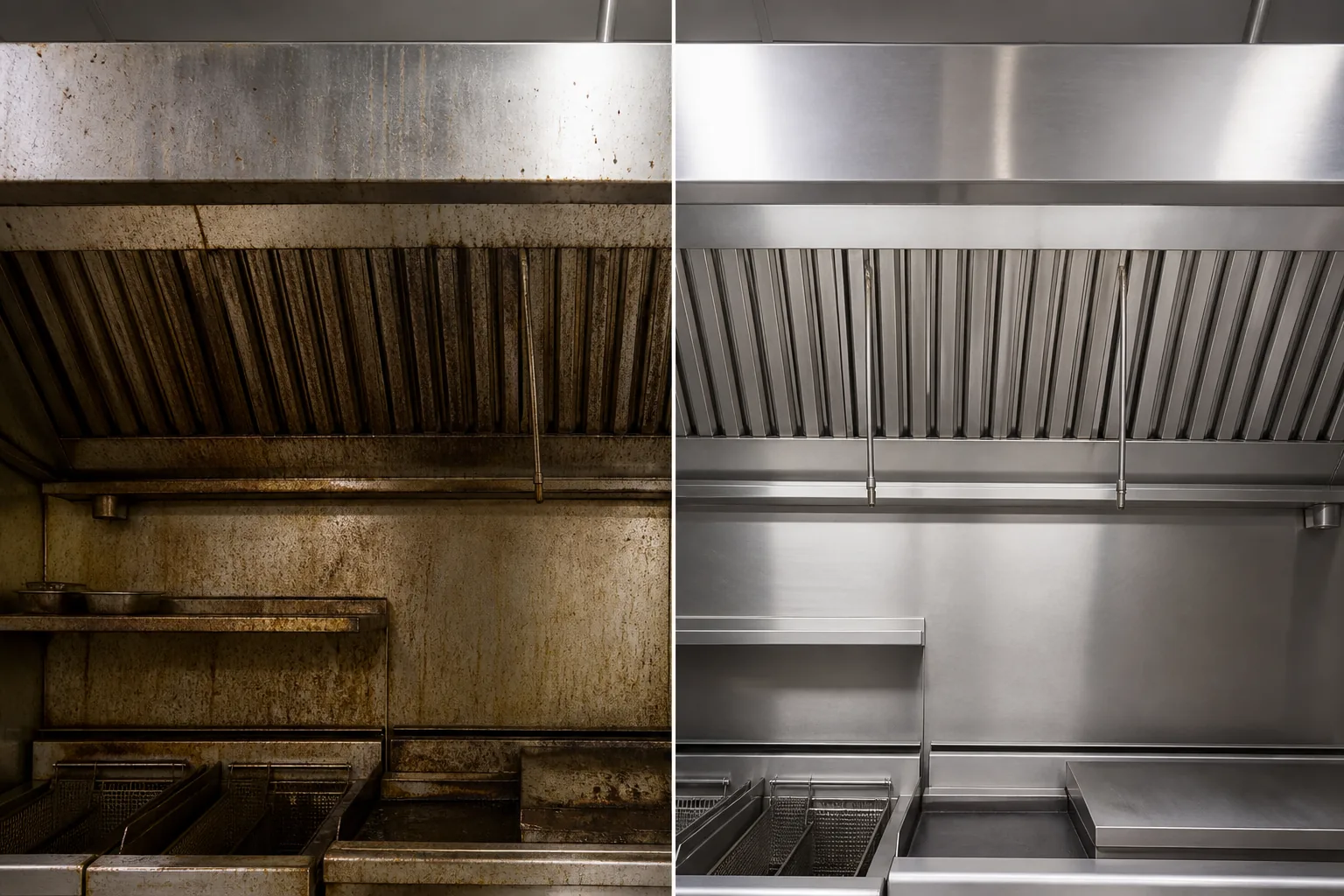 Hotte de cuisine professionnelle avant et après dégraissage