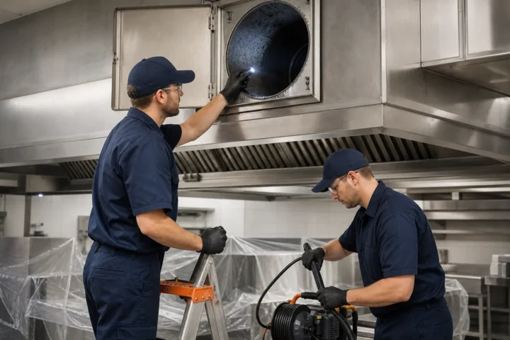 Techniciens inspectant un conduit d’extraction de cuisine professionnelle