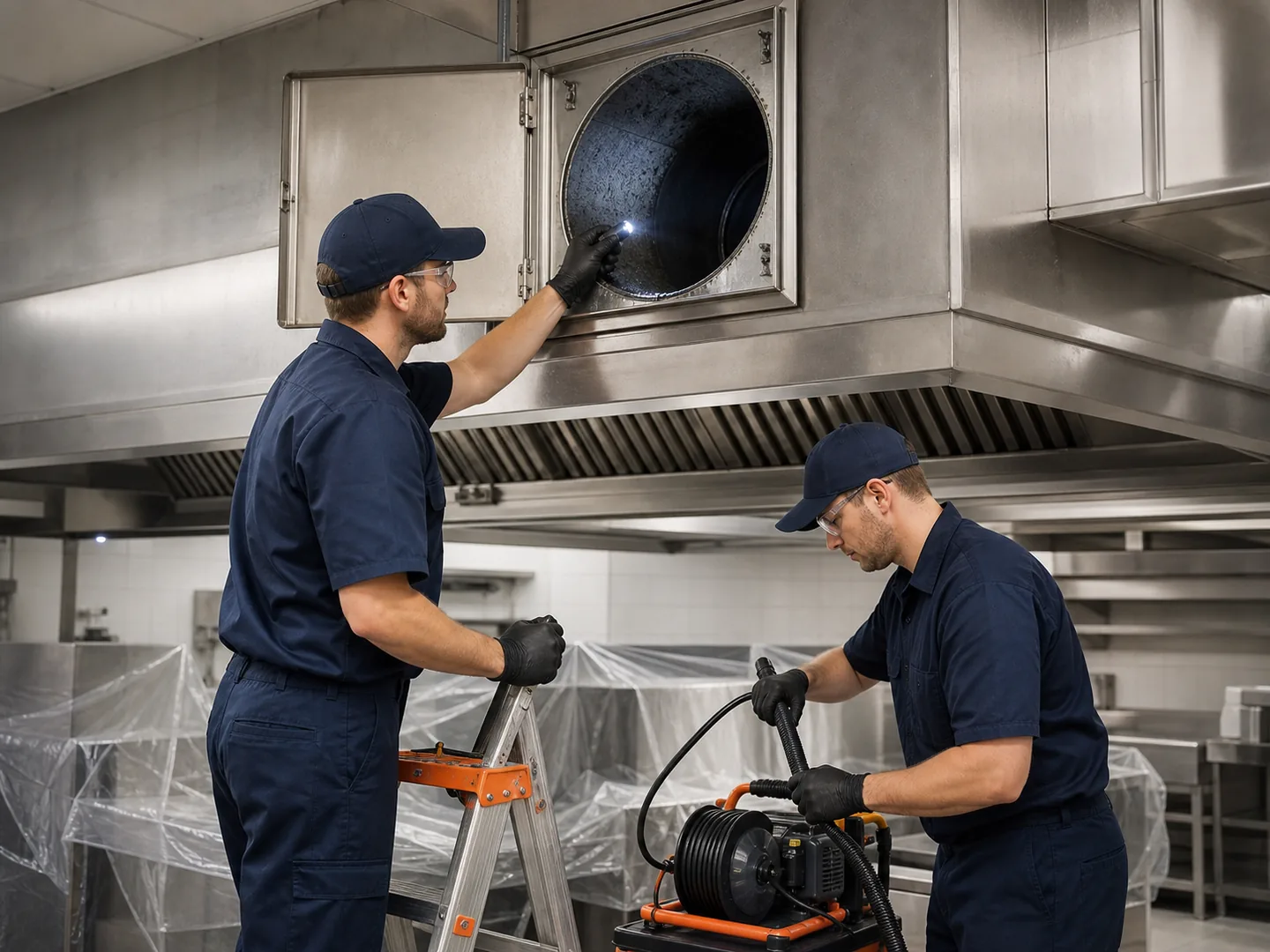 Techniciens inspectant un conduit d’extraction de cuisine professionnelle