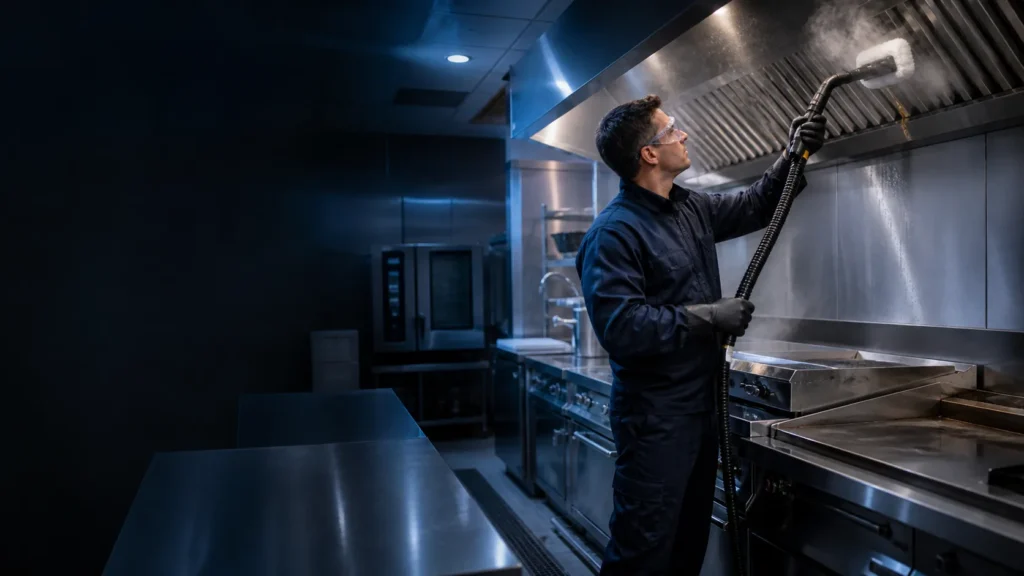Technicien nettoyant une hotte dans une cuisine professionnelle