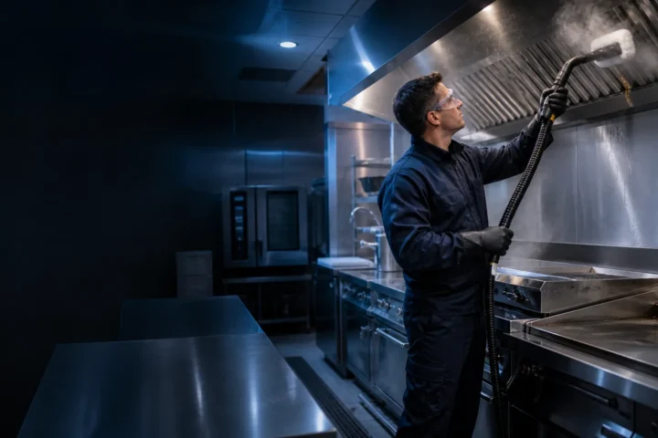 Technicien nettoyant une hotte dans une cuisine professionnelle